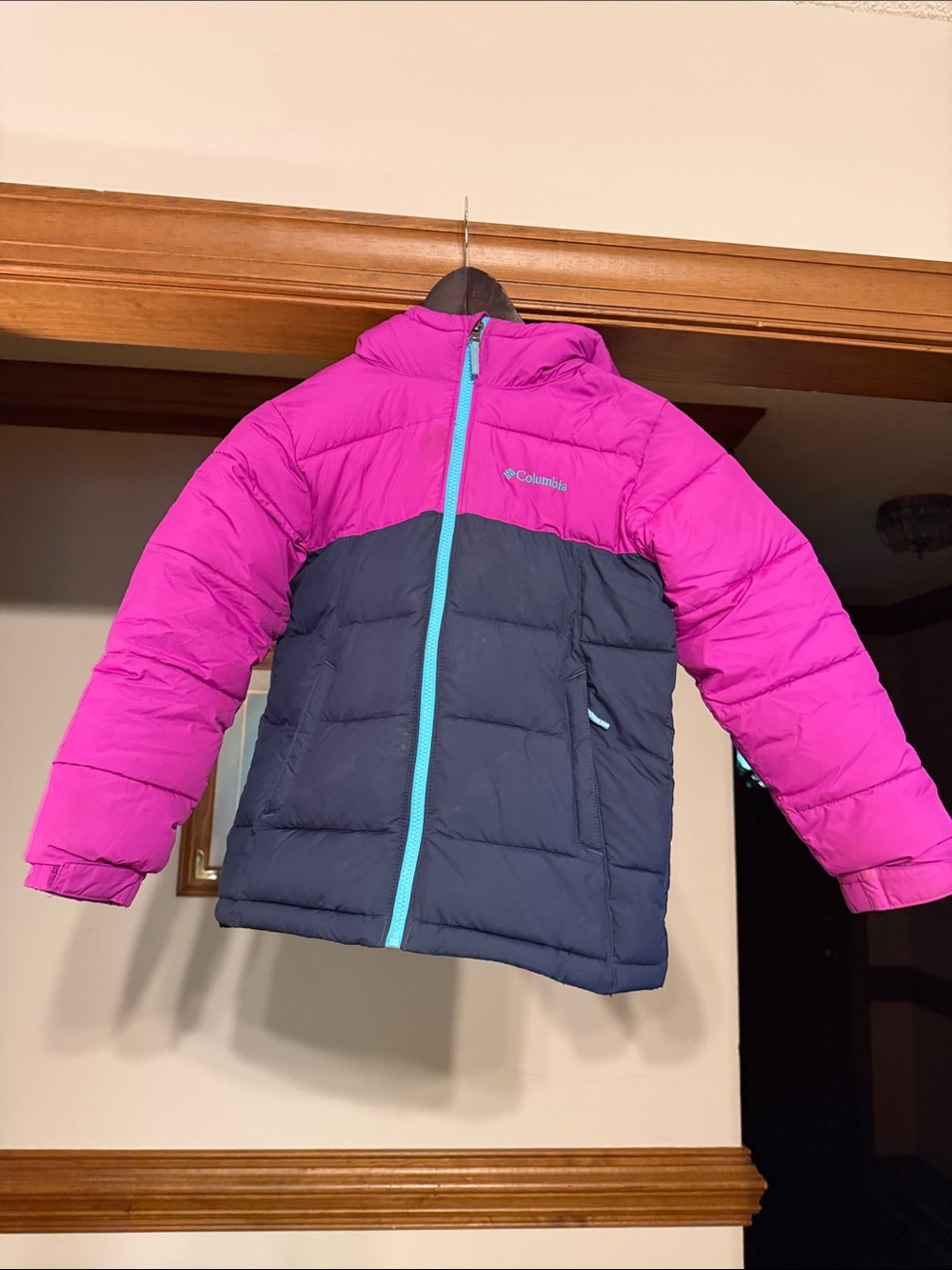 Columbia Pink and Navy Quilted Puffer Jacket with Aqua Zip